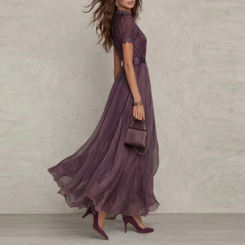 Women's 2026 Spring Summer V-neck Ruffle Dress – Cinched Waist Flowy A-line Maxi Dress, Casual Elegant