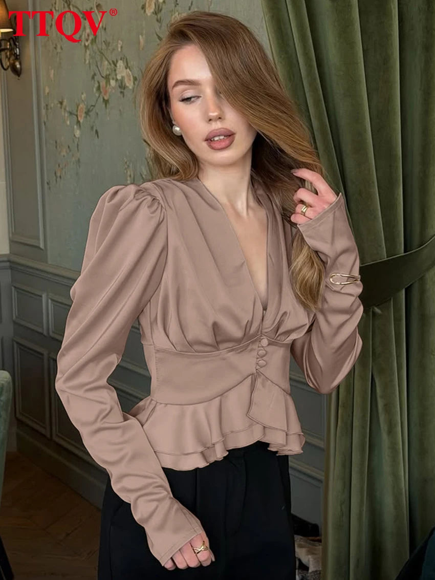 TTQV Fashion Loose Khaki Satin Women's Shirt 2026 Sexy V-Neck Long Sleeve Crop Shirt Elegant Classic Ruffles Top Female Clothing