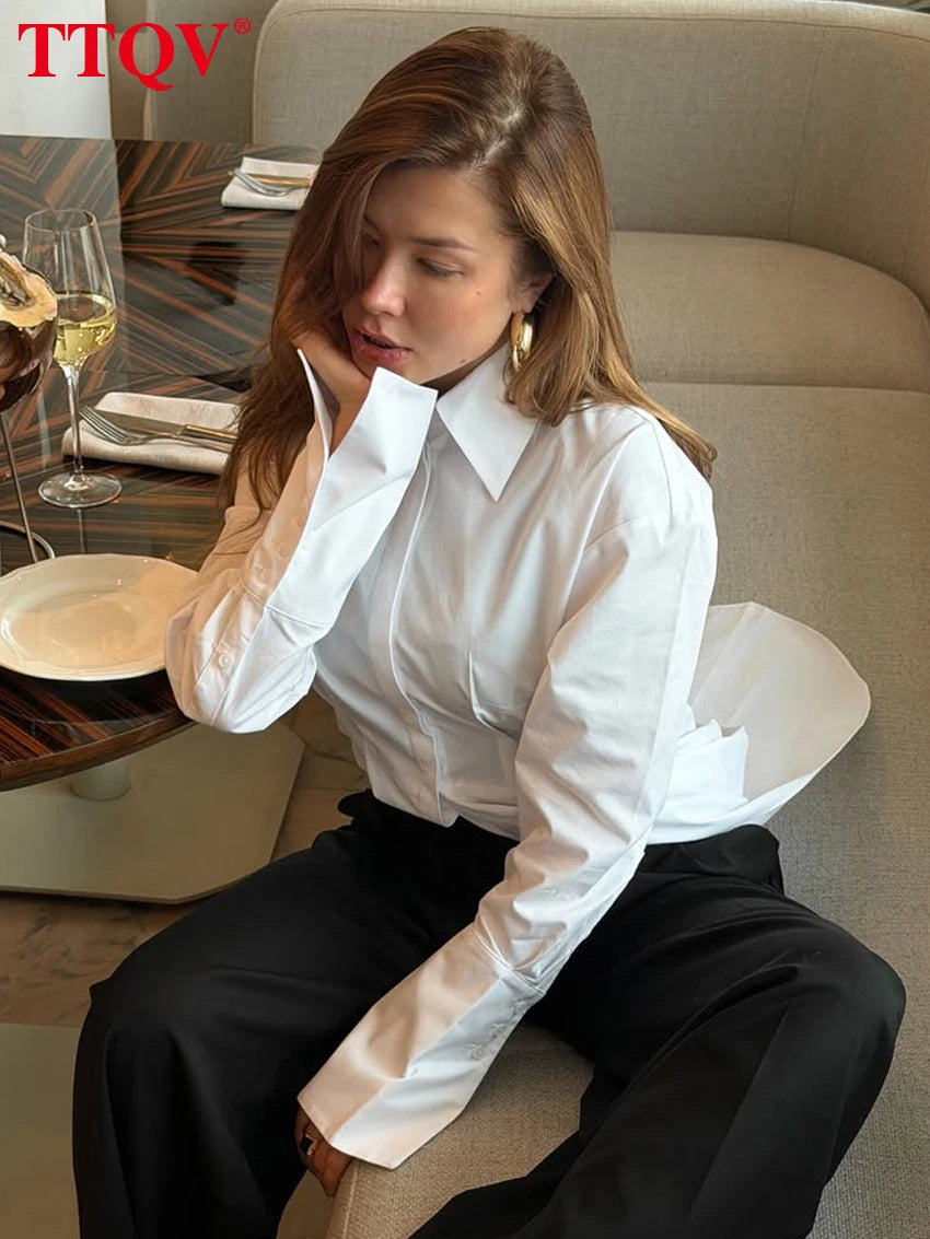 TTQV Fashion Slim White Women's Shirt 2026 Autumn Lapel Long Sleeve Lady Shirts Elegant Classic Solid Top Female Clothing