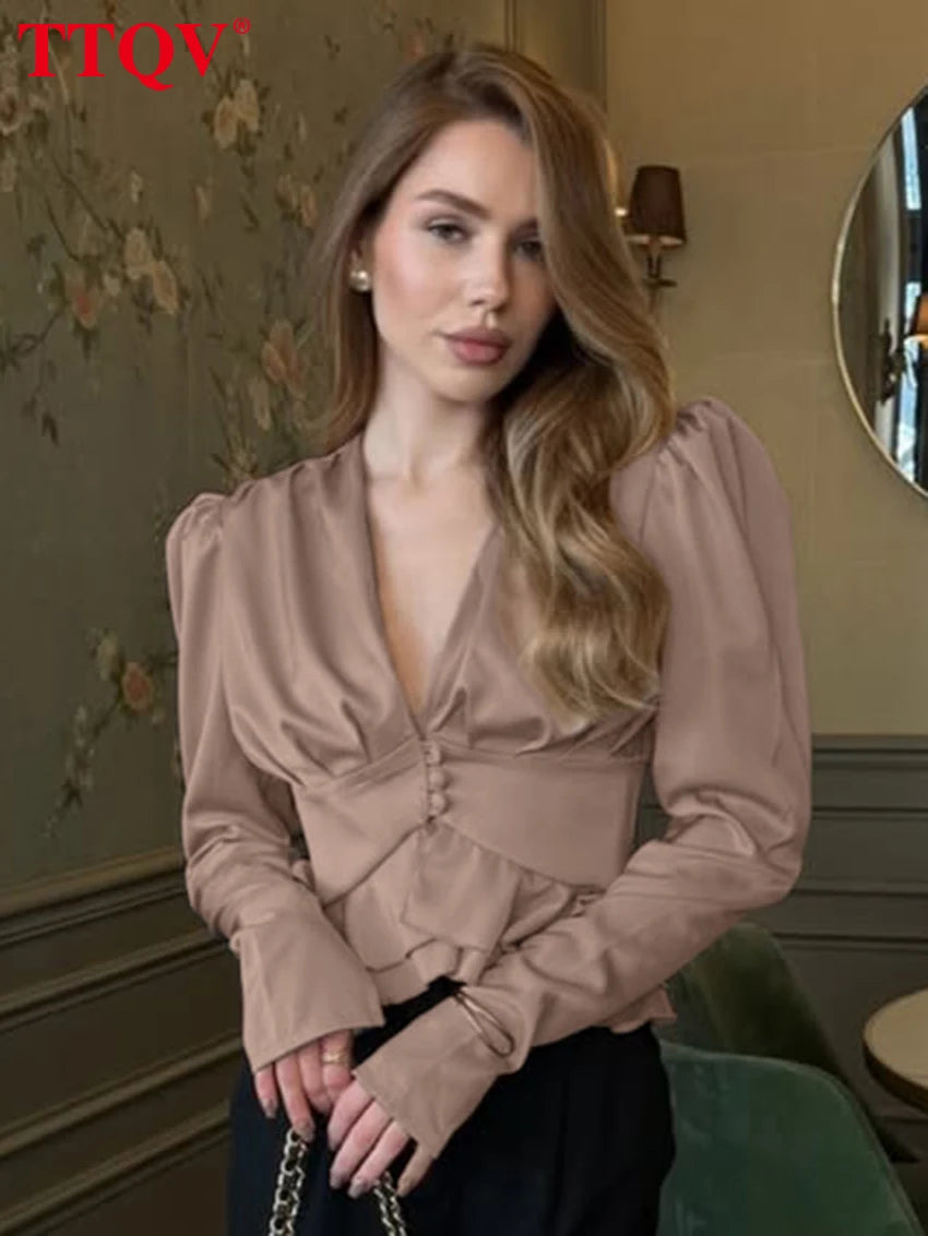 TTQV Fashion Loose Khaki Satin Women's Shirt 2026 Sexy V-Neck Long Sleeve Crop Shirt Elegant Classic Ruffles Top Female Clothing