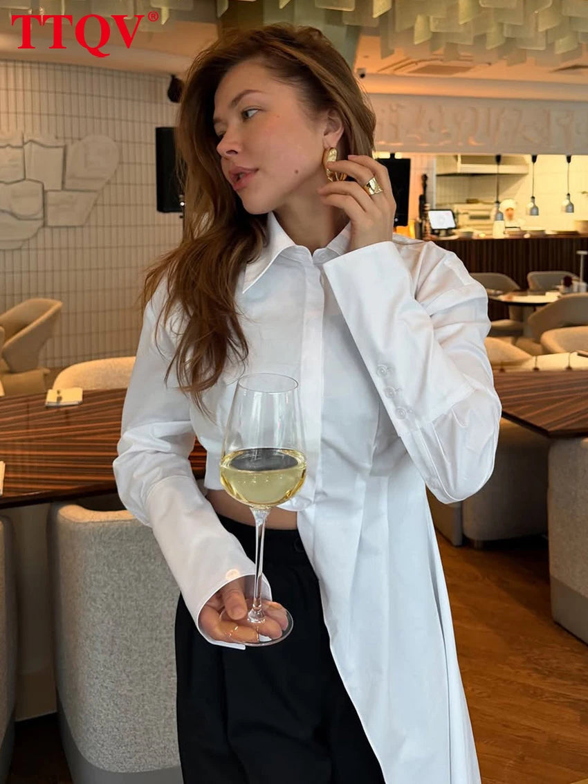 TTQV Fashion Slim White Women's Shirt 2026 Autumn Lapel Long Sleeve Lady Shirts Elegant Classic Solid Top Female Clothing