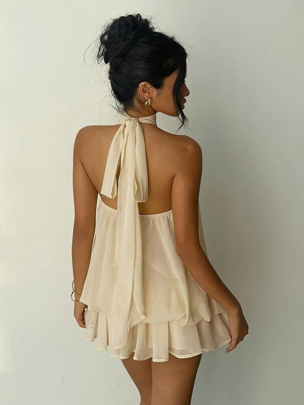 Aloruh Women's Elegant Light Yellow Halter Tie Mini Dress,Beige Summer Party Dresses,Wedding Guest,,Night Out,Birthday,Sun Dress,Island Vacation Outfit
